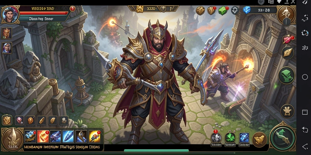 Screenshot gameplay <strong>33ZK</strong> menampilkan pemandangan kerajaan yang megah dan strategi pasukan.
