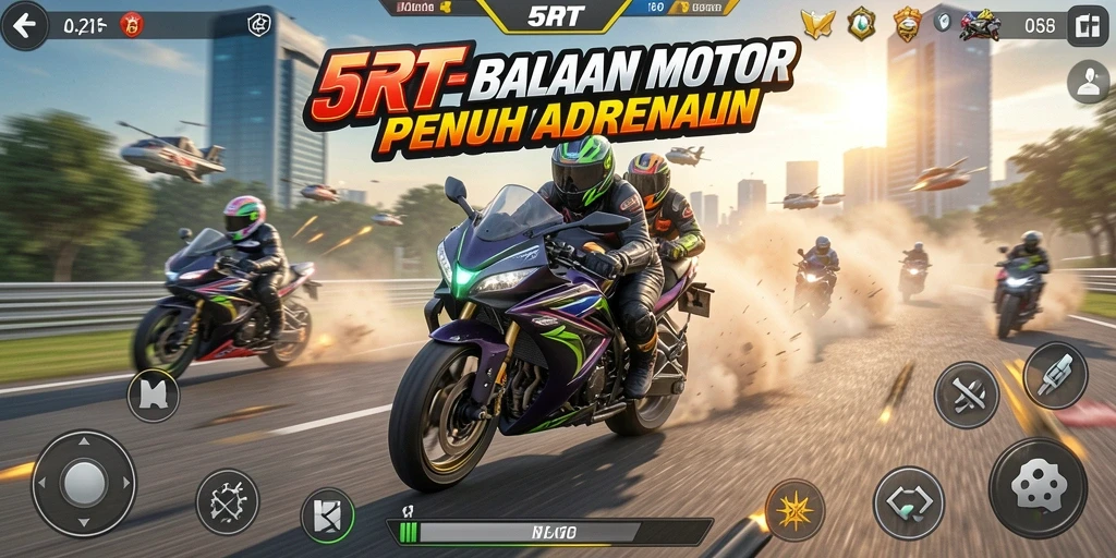 Screenshot gameplay <strong>5RT</strong> yang menunjukkan aksi balapan motor yang mendebarkan.
