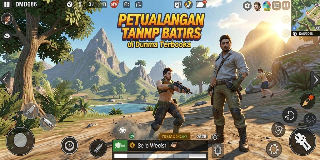Screenshot gameplay yang menunjukkan petualangan di dunia terbuka.