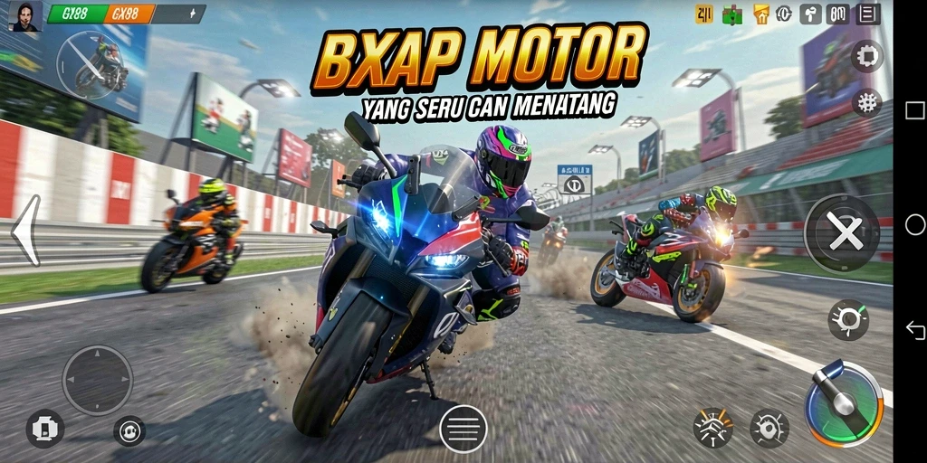 Tampilan gameplay GX88 dengan motor balap di trek.