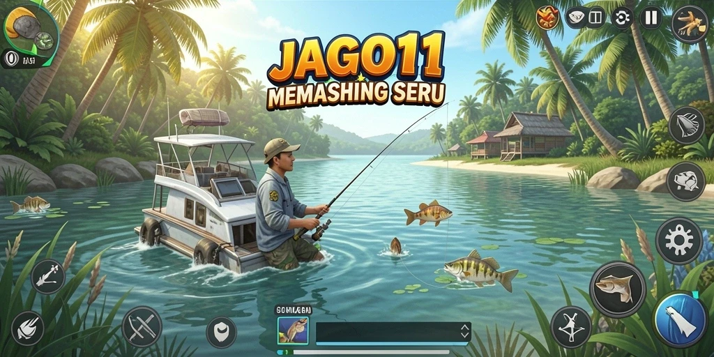 Screenshot utama JAGO11 menampilkan gameplay memancing yang menarik dan interaktif.