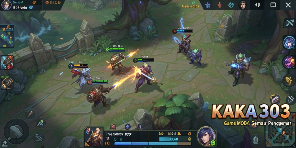 Screenshot KAKA303 menampilkan aksi intens di lapangan permainan MOBA.