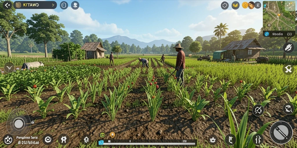 Tangkapan layar permainan KITAWD menampilkan kebun yang subur dengan berbagai tanaman.
