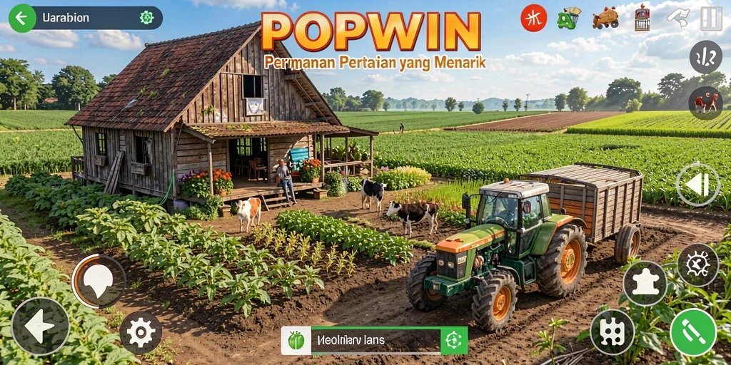 Screenshot utama POPWIN menampilkan kebun hijau yang subur dengan aktivitas bertani.