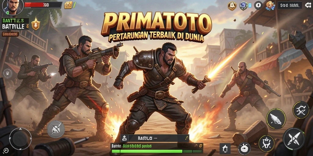 Tangkapan layar utama PRIMATOTO menampilkan aksi pertarungan epik Battle Royale.