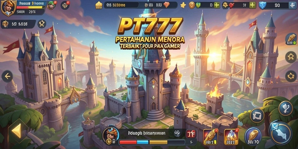 Tampilan gameplay PT777 dengan menara pertahanan yang berjuang melawan musuh.