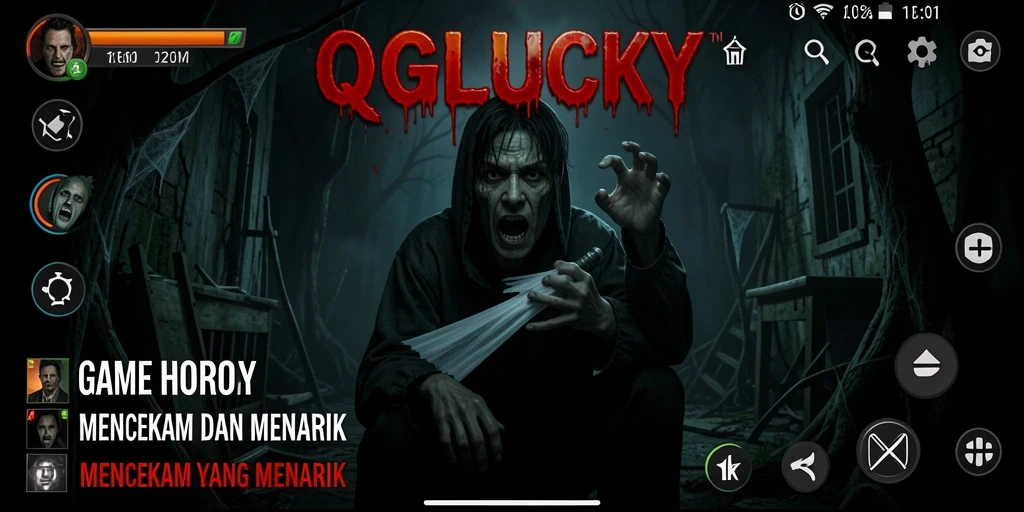 Tampilan gameplay QGLUCKY yang mencekam dan menyeramkan.