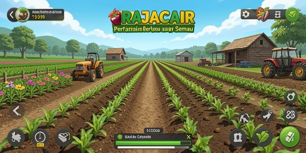 Tampilan gameplay menarik dalam RAJACAIR menampilkan aktivitas bertani.