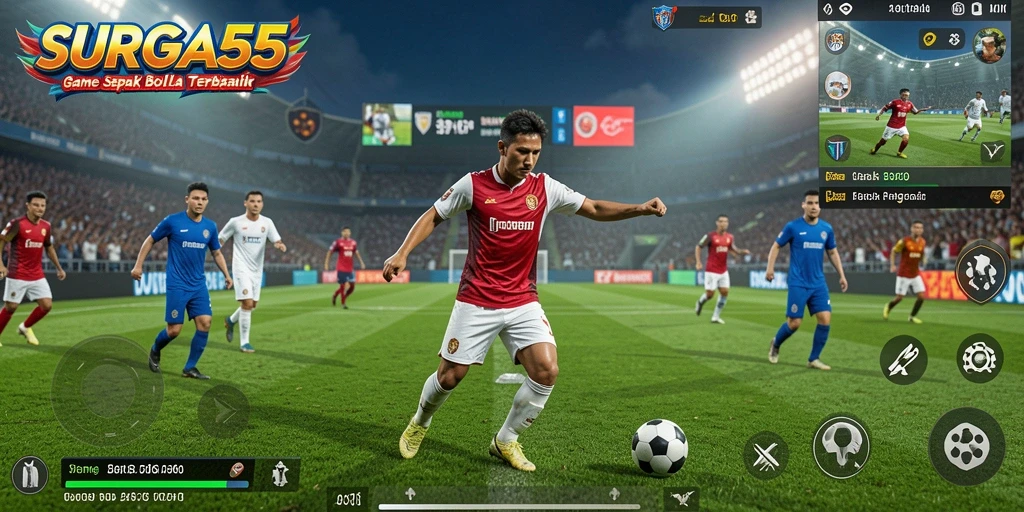 Screenshot gameplay SURGA55 menampilkan aksi seru di lapangan sepak bola.